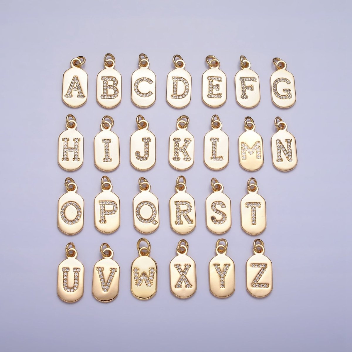 Gold Rectangular tag CZ Clear Micro Paved Personalized Initial Alphabet Name Tag Charm | A-070-A-082