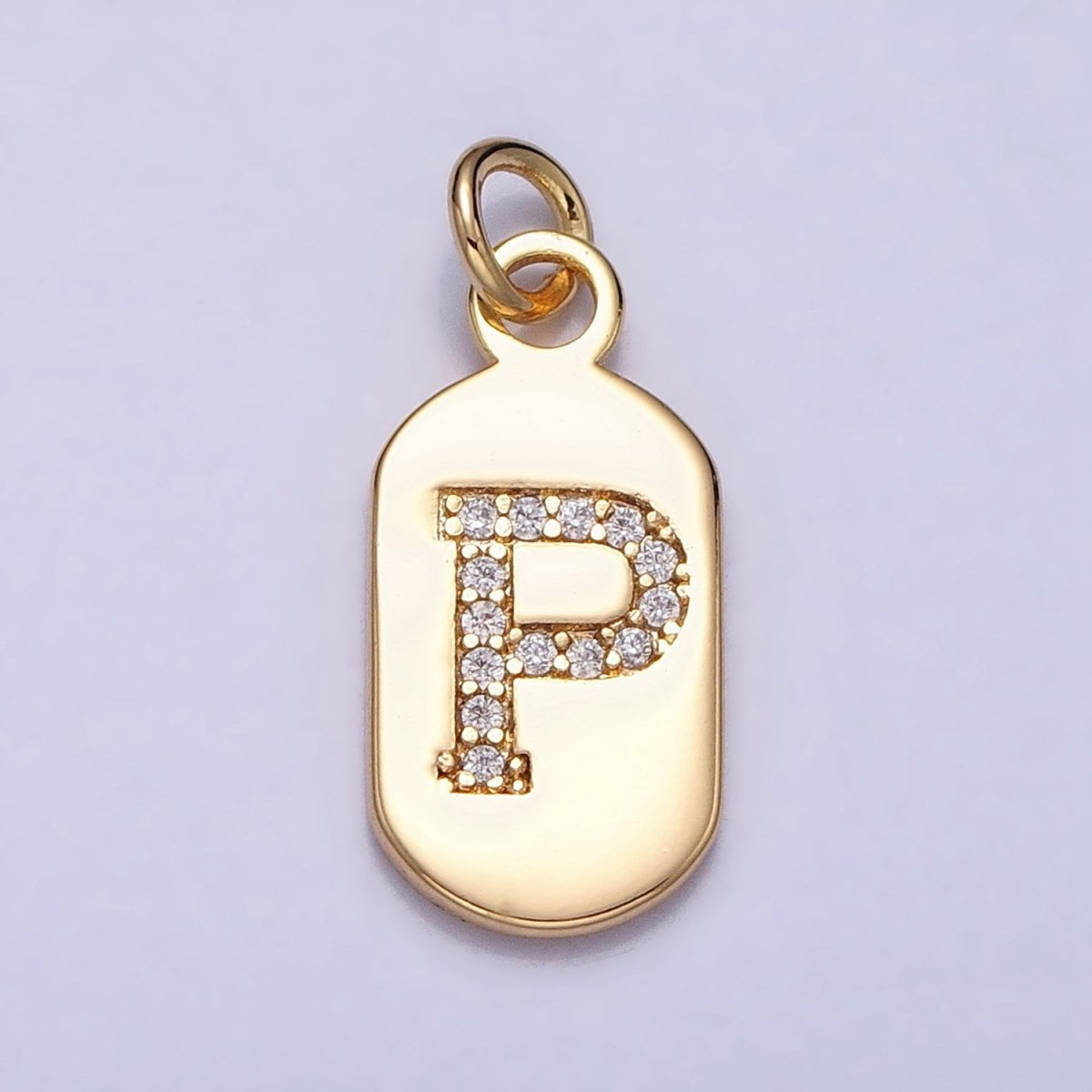 Gold Rectangular tag CZ Clear Micro Paved Personalized Initial Alphabet Name Tag Charm | A-070-A-082