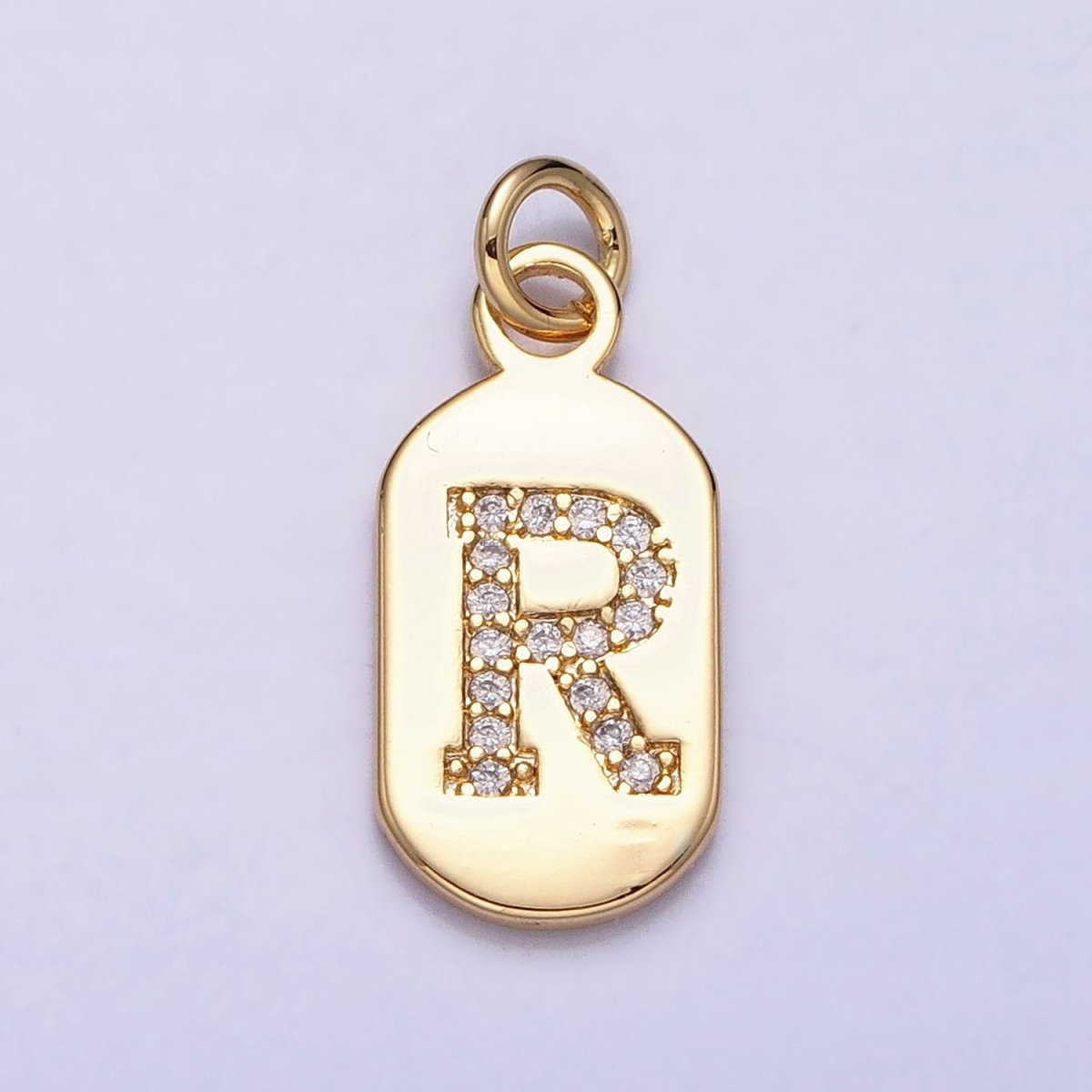 Gold Rectangular tag CZ Clear Micro Paved Personalized Initial Alphabet Name Tag Charm | A-070-A-082