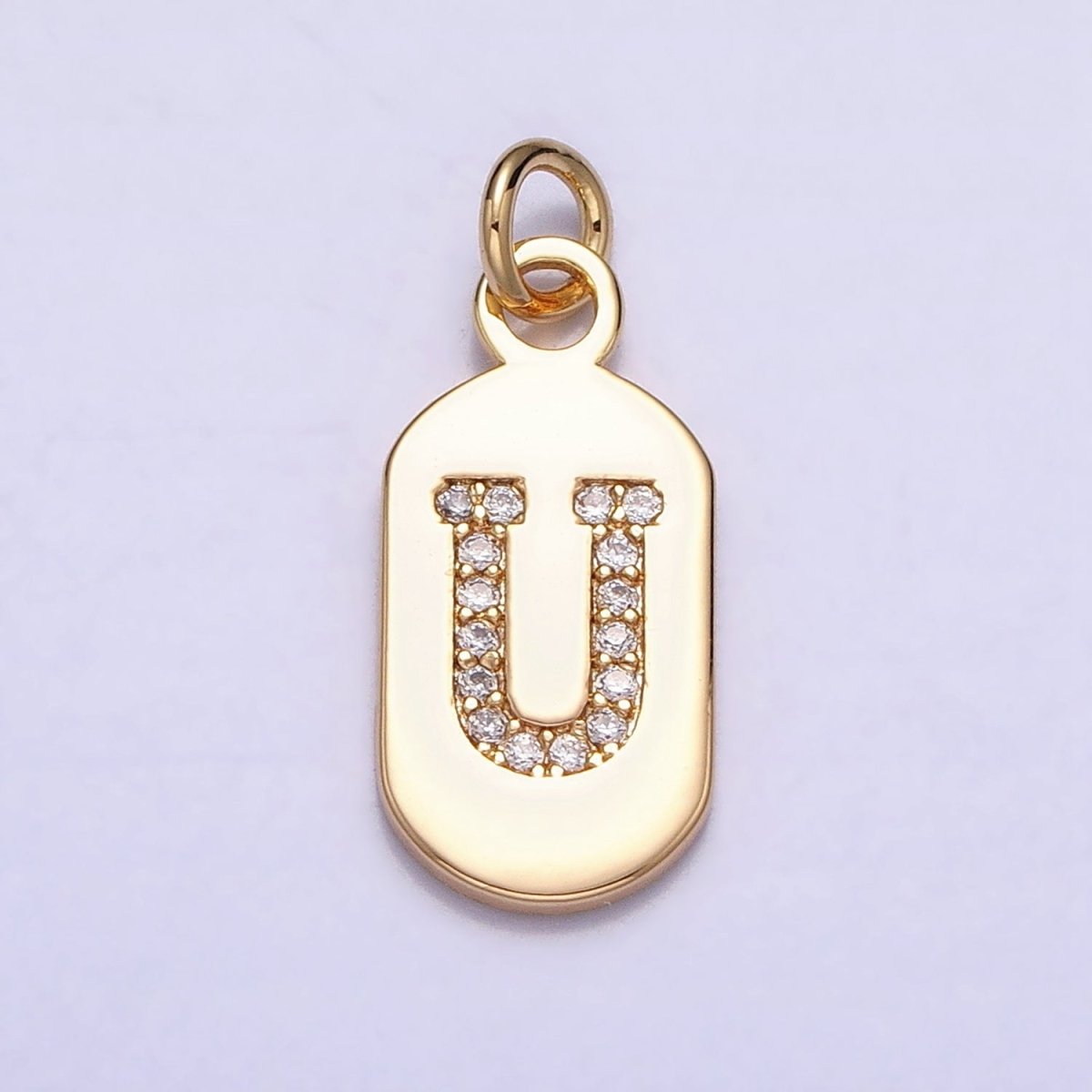Gold Rectangular tag CZ Clear Micro Paved Personalized Initial Alphabet Name Tag Charm | A-070-A-082