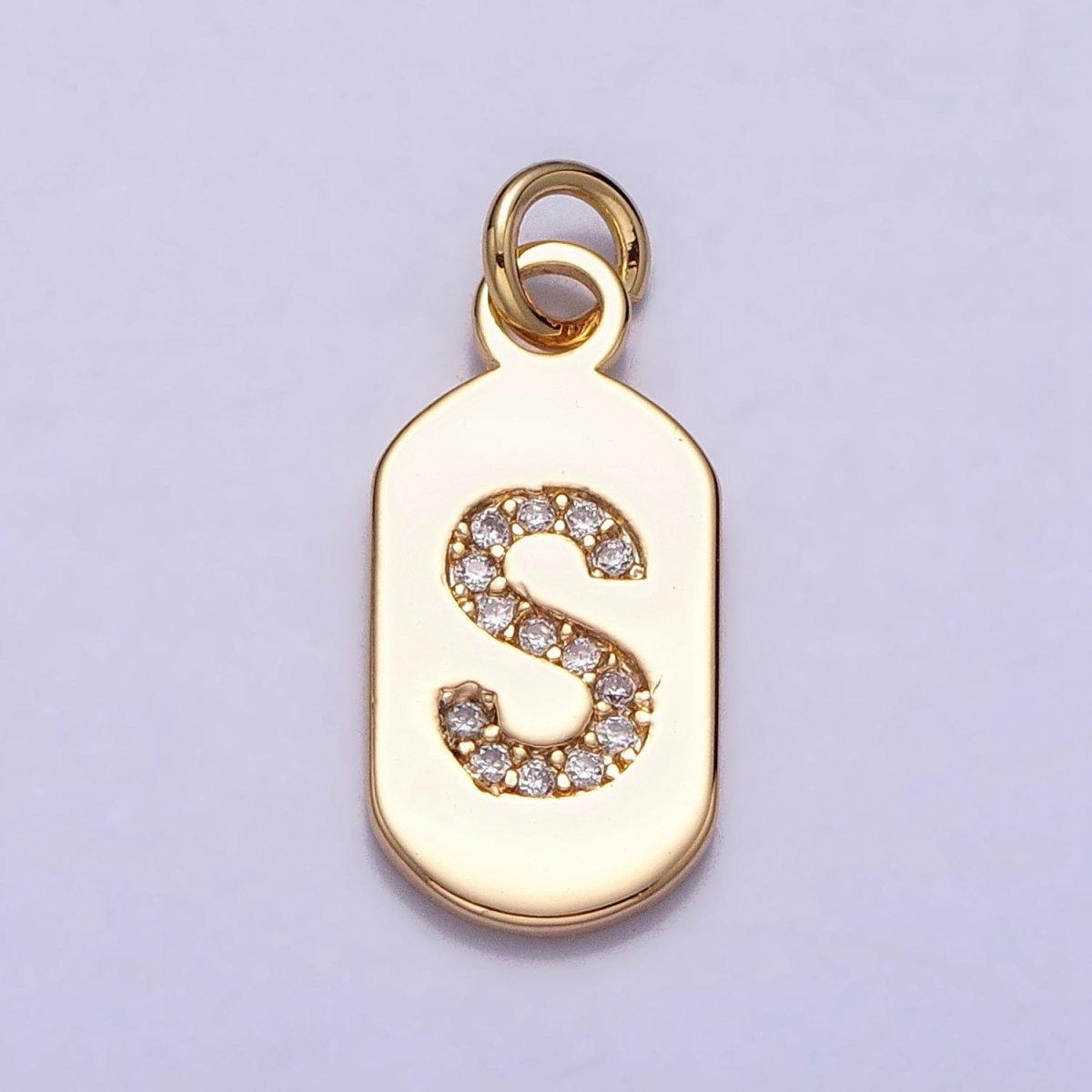 Gold Rectangular tag CZ Clear Micro Paved Personalized Initial Alphabet Name Tag Charm | A-070-A-082