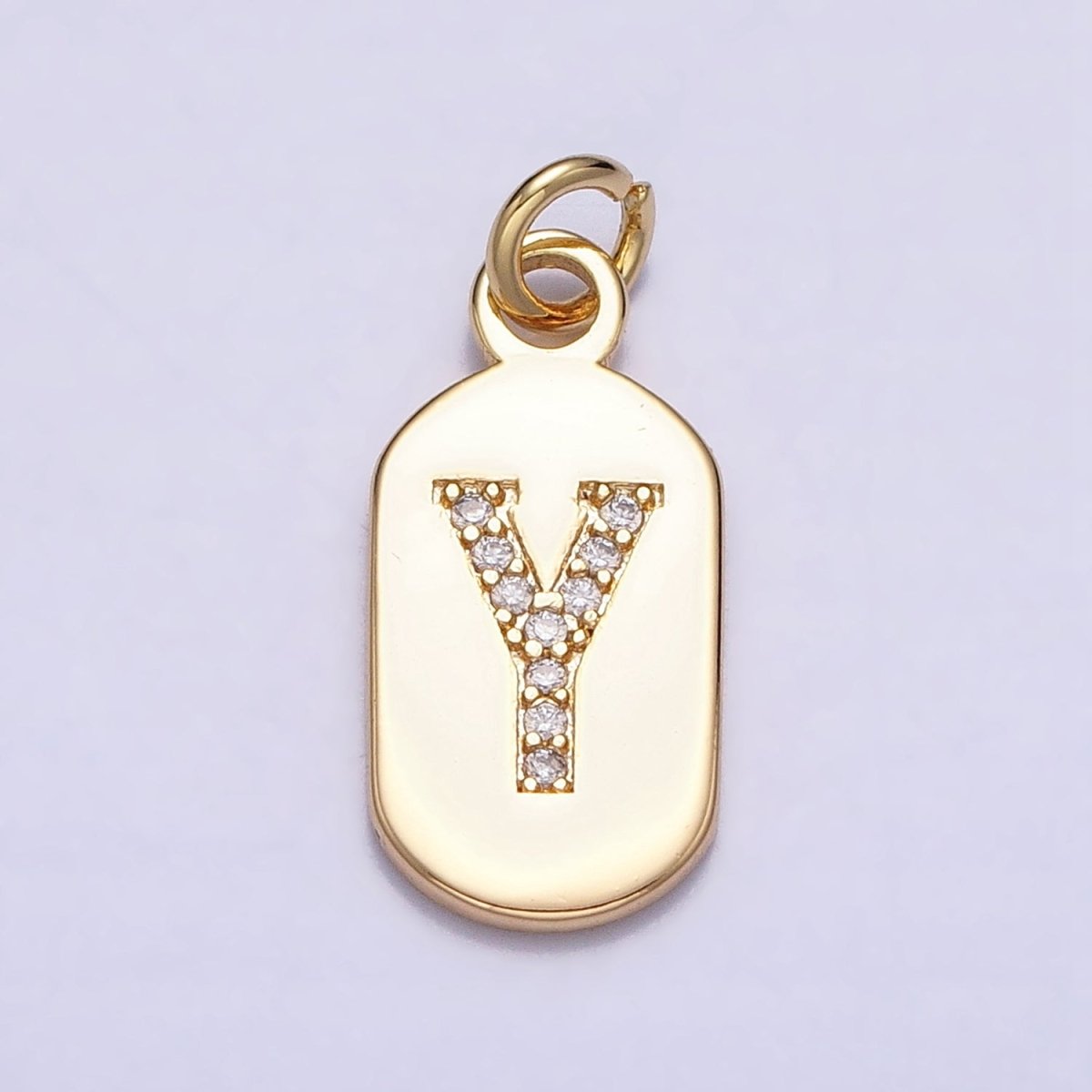 Gold Rectangular tag CZ Clear Micro Paved Personalized Initial Alphabet Name Tag Charm | A-070-A-082