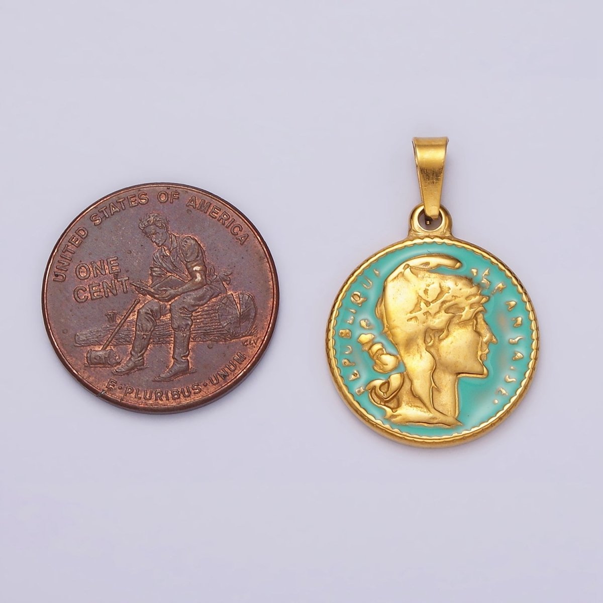 Gold Republic of Roman Coin Charm Pendant Stainless Steel Teal Enamel Pendant P-835