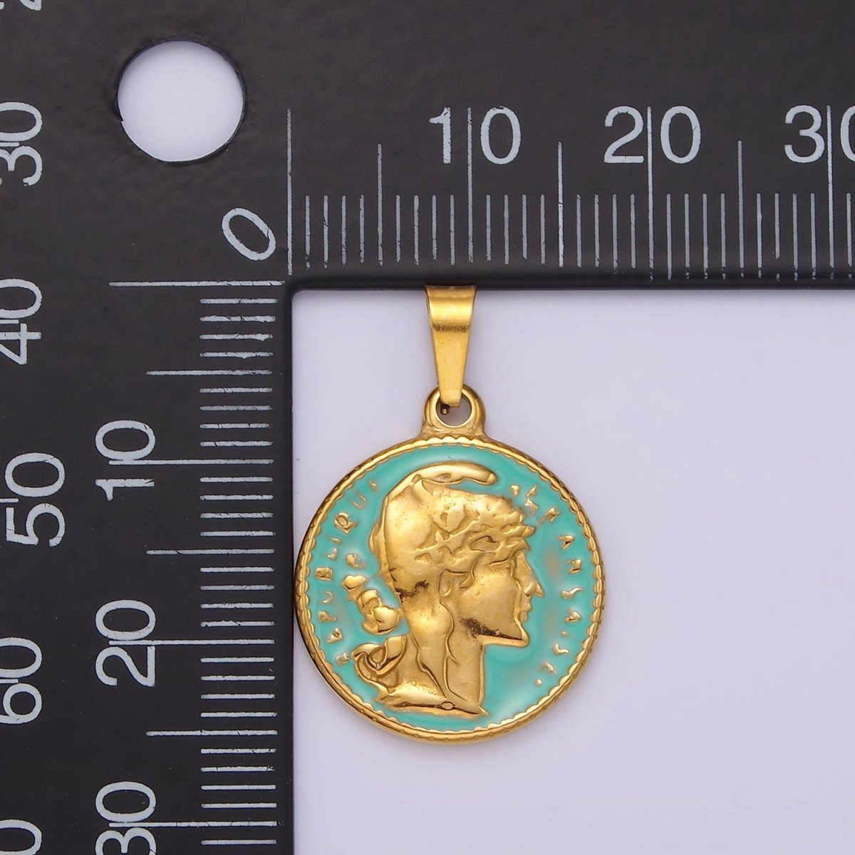 Gold Republic of Roman Coin Charm Pendant Stainless Steel Teal Enamel Pendant P-835