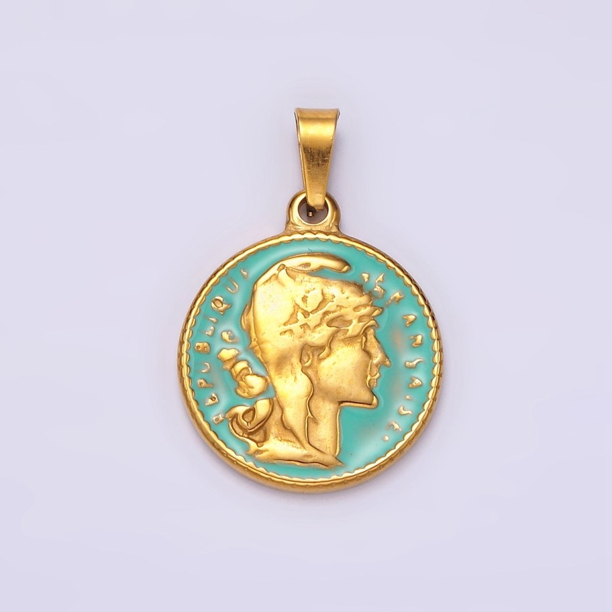 Gold Republic of Roman Coin Charm Pendant Stainless Steel Teal Enamel Pendant P-835