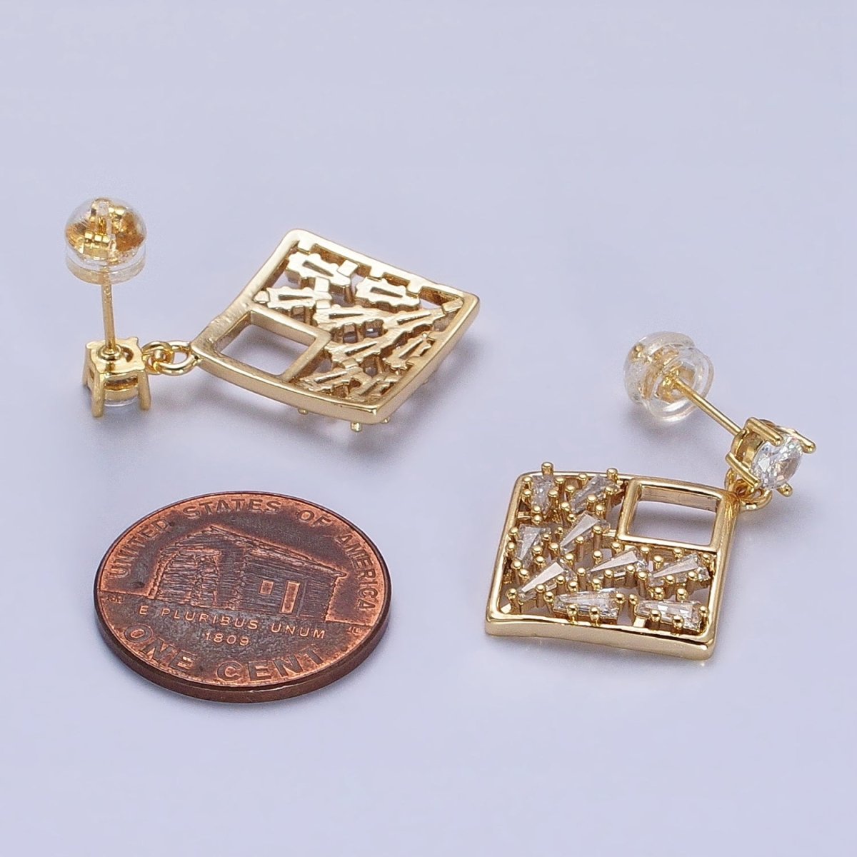 Gold Rhombus Dangle Stud Earring Clear Cz Micro Pave Baguette Stone Statement Earring AB668