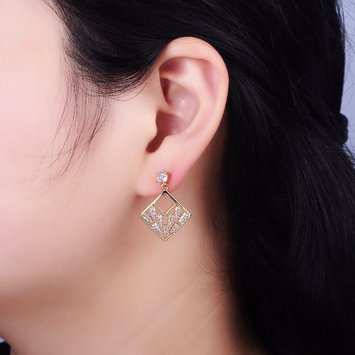Gold Rhombus Dangle Stud Earring Clear Cz Micro Pave Baguette Stone Statement Earring AB668