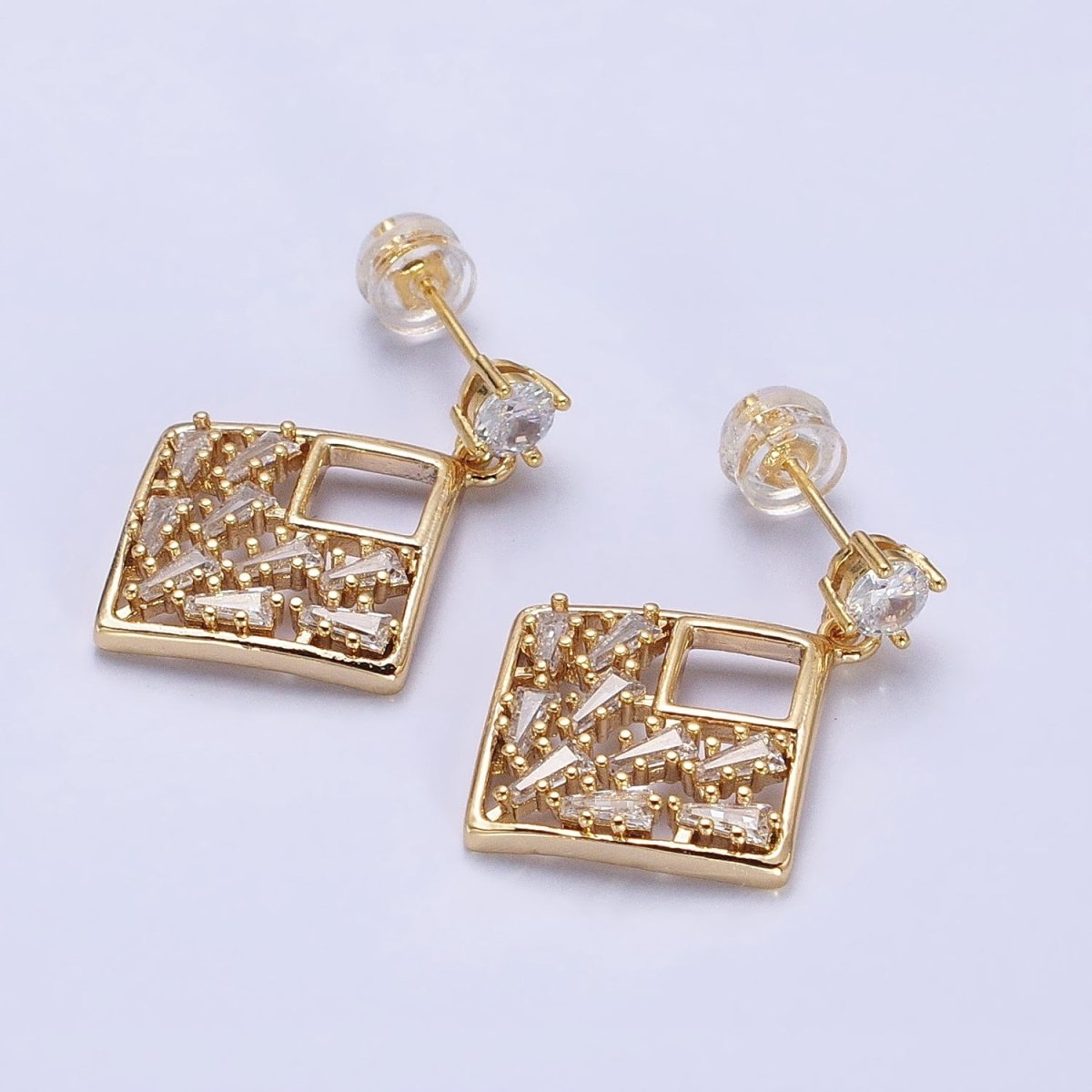 Gold Rhombus Dangle Stud Earring Clear Cz Micro Pave Baguette Stone Statement Earring AB668