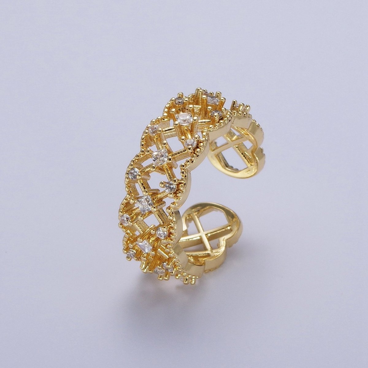 Gold Rhombus Engraved Mini Cubic Zirconia Adjustable Cloud Ring | O-1983