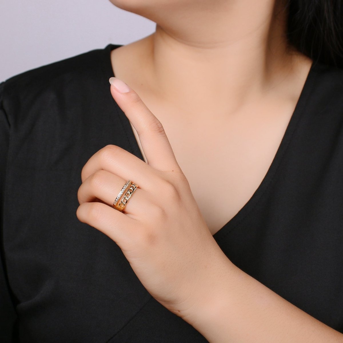 Gold Ring, Adjustable Gold Curb Ring, Micro Pave Gold Band Ring, Shiny Double Band Ring for Statement Jewelry O-286