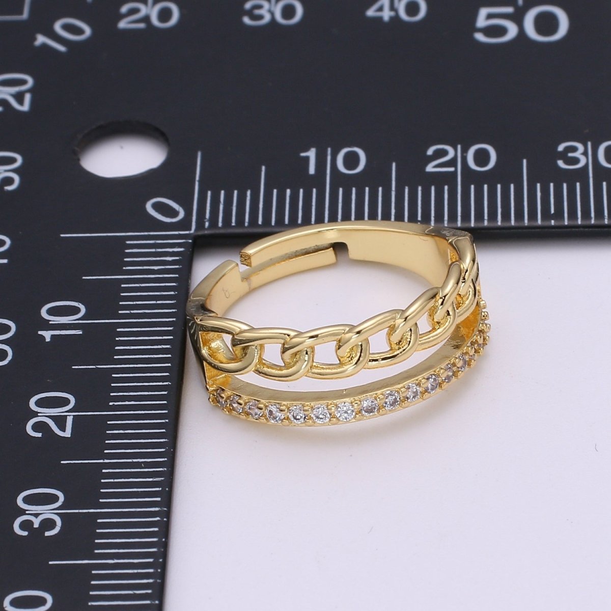 Gold Ring, Adjustable Gold Curb Ring, Micro Pave Gold Band Ring, Shiny Double Band Ring for Statement Jewelry O-286