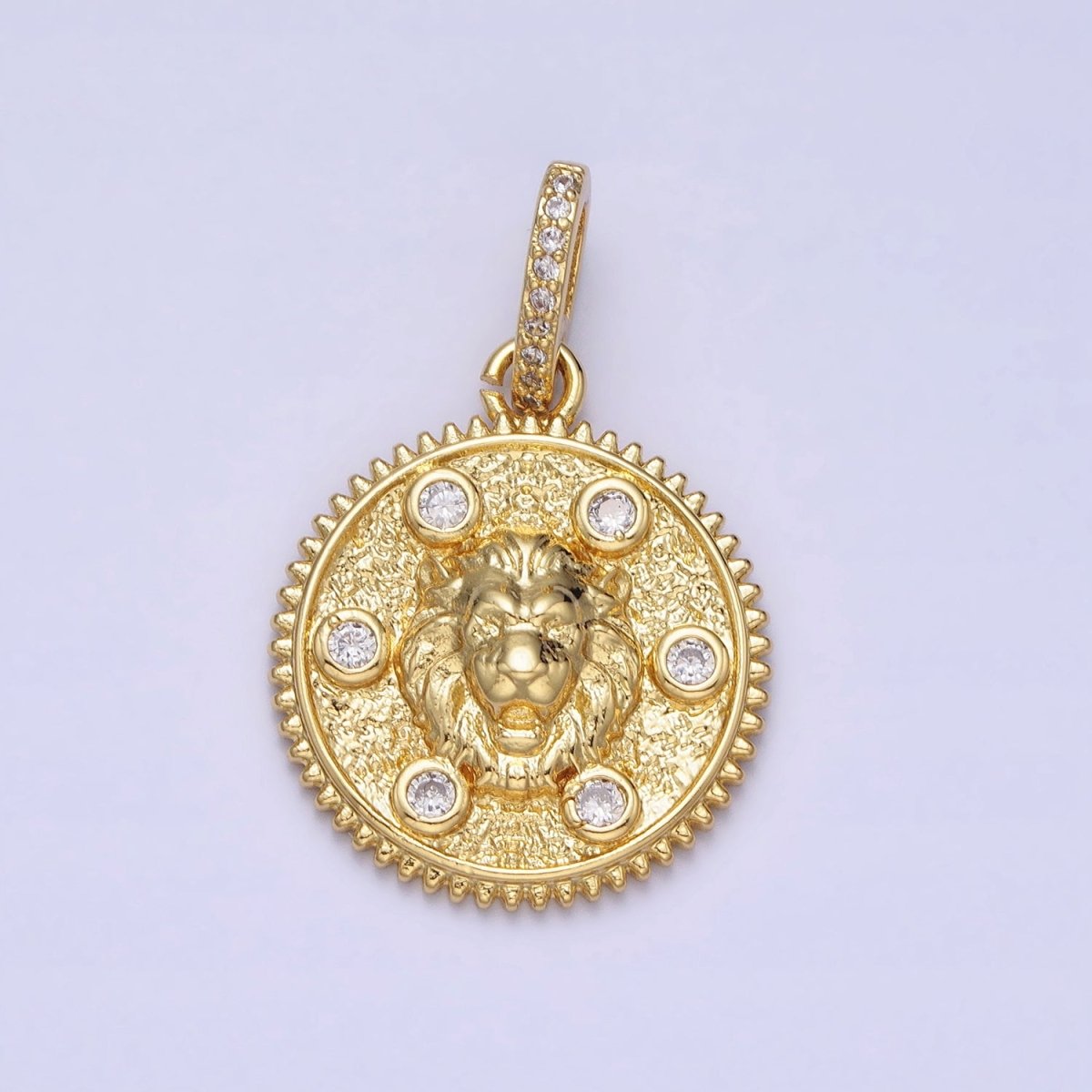 Gold Roaring Lion Clear Round CZ Micro Paved Bail Textured Animal Medallion Pendant | AA159