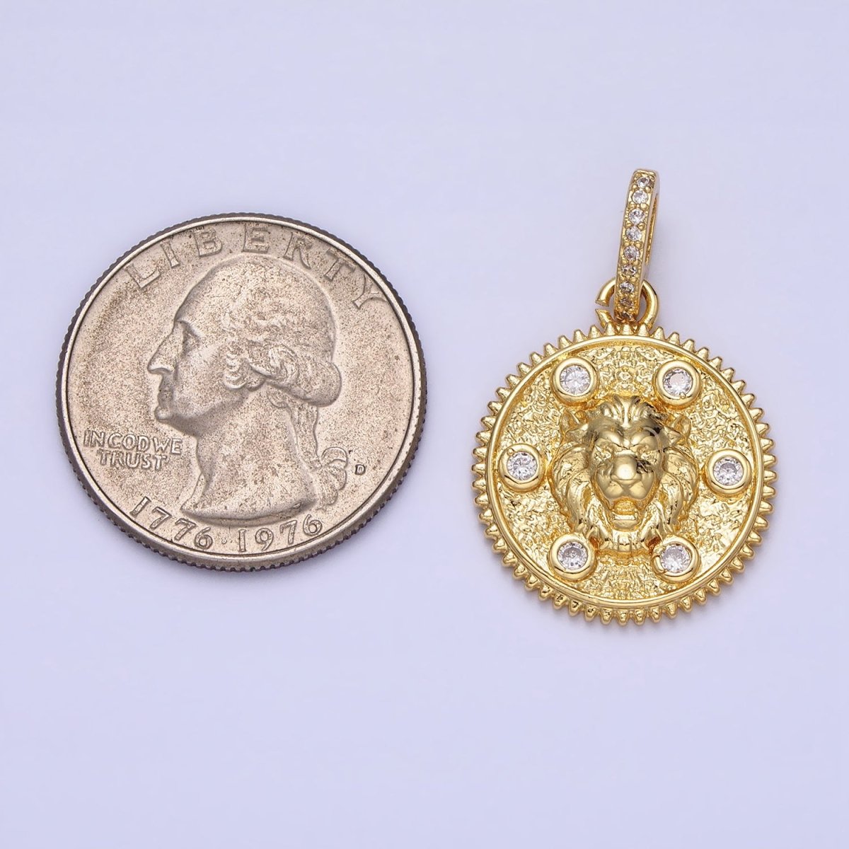 Gold Roaring Lion Clear Round CZ Micro Paved Bail Textured Animal Medallion Pendant | AA159