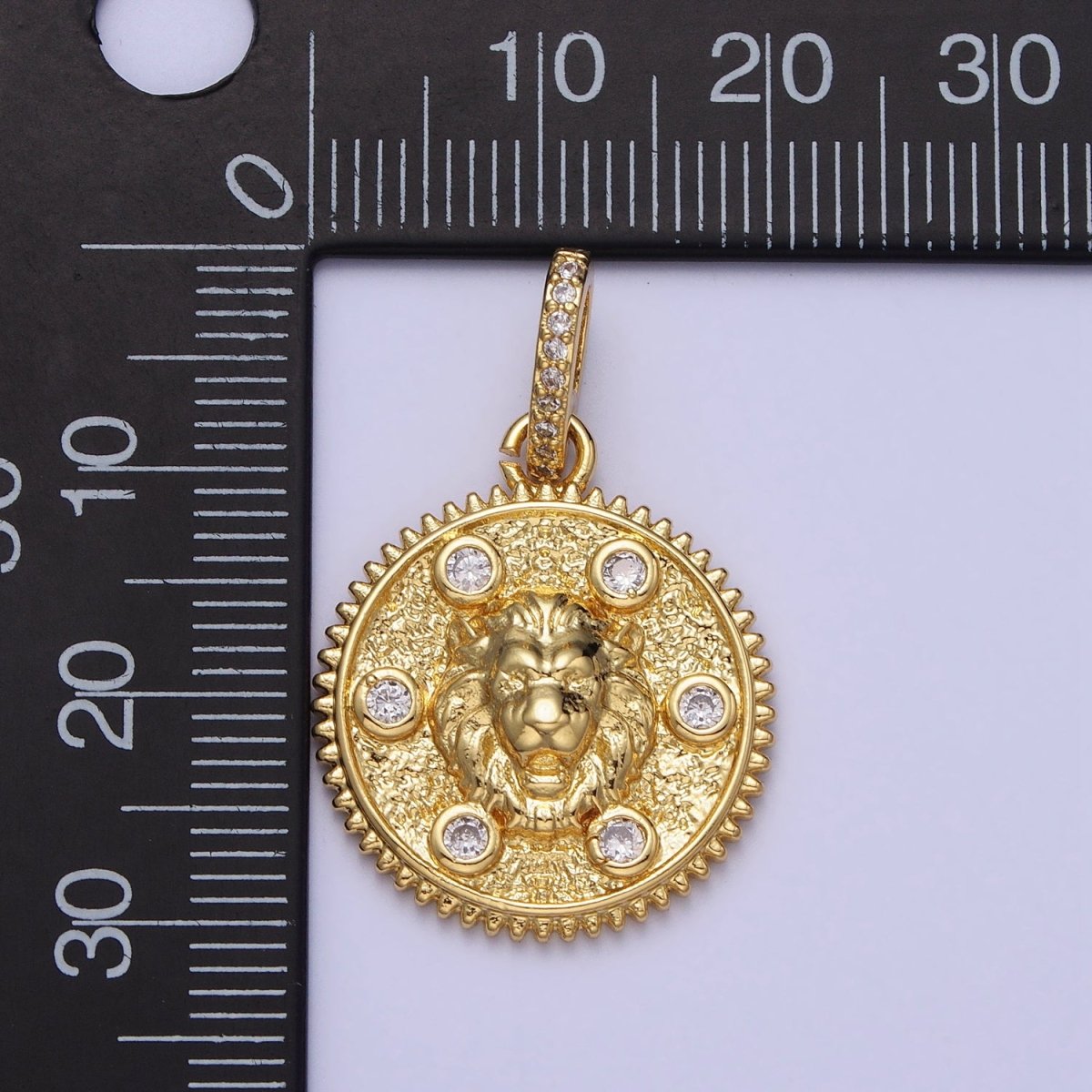 Gold Roaring Lion Clear Round CZ Micro Paved Bail Textured Animal Medallion Pendant | AA159