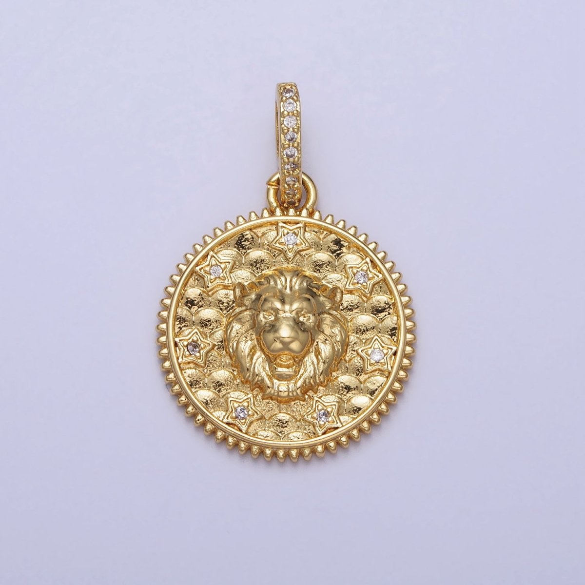 Gold Roaring Lion Clear Star CZ Micro Paved Bail Textured Scaled Medallion Pendant | AA167