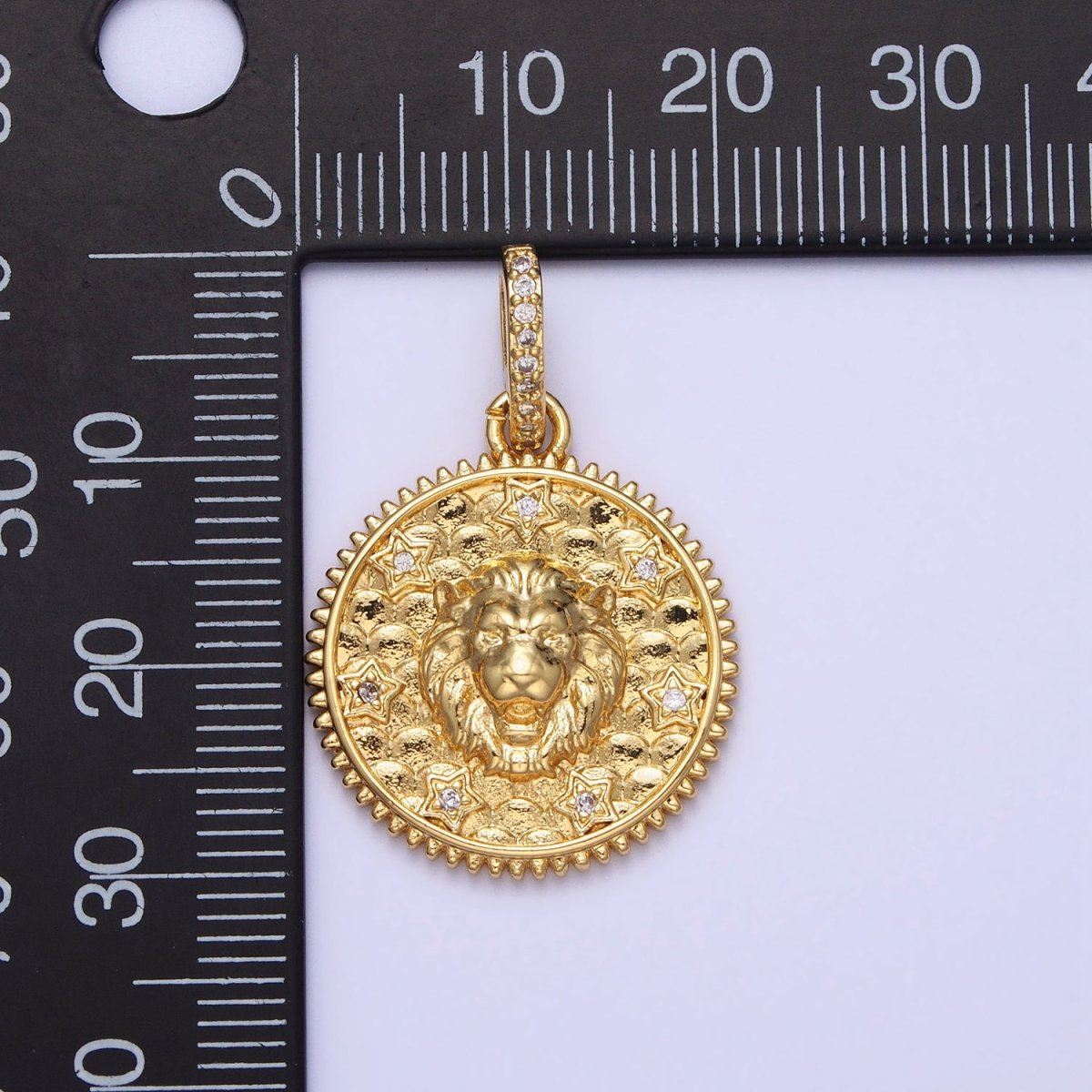 Gold Roaring Lion Clear Star CZ Micro Paved Bail Textured Scaled Medallion Pendant | AA167