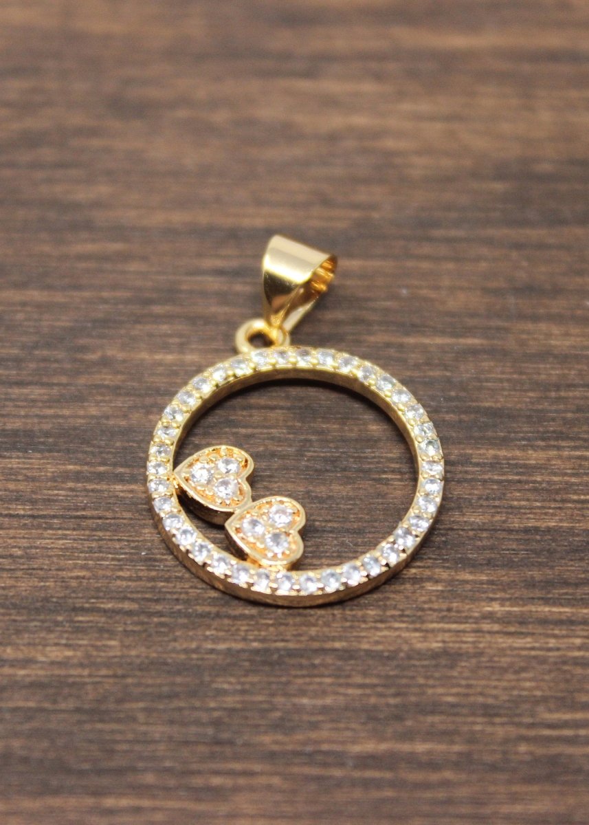 Gold Round 2 Hearts, Romantic Gift, Romance, Love, Heart, Cubic Zirconia Necklace Pendant Charm Bead Bails Findings for Jewelry Making D-025