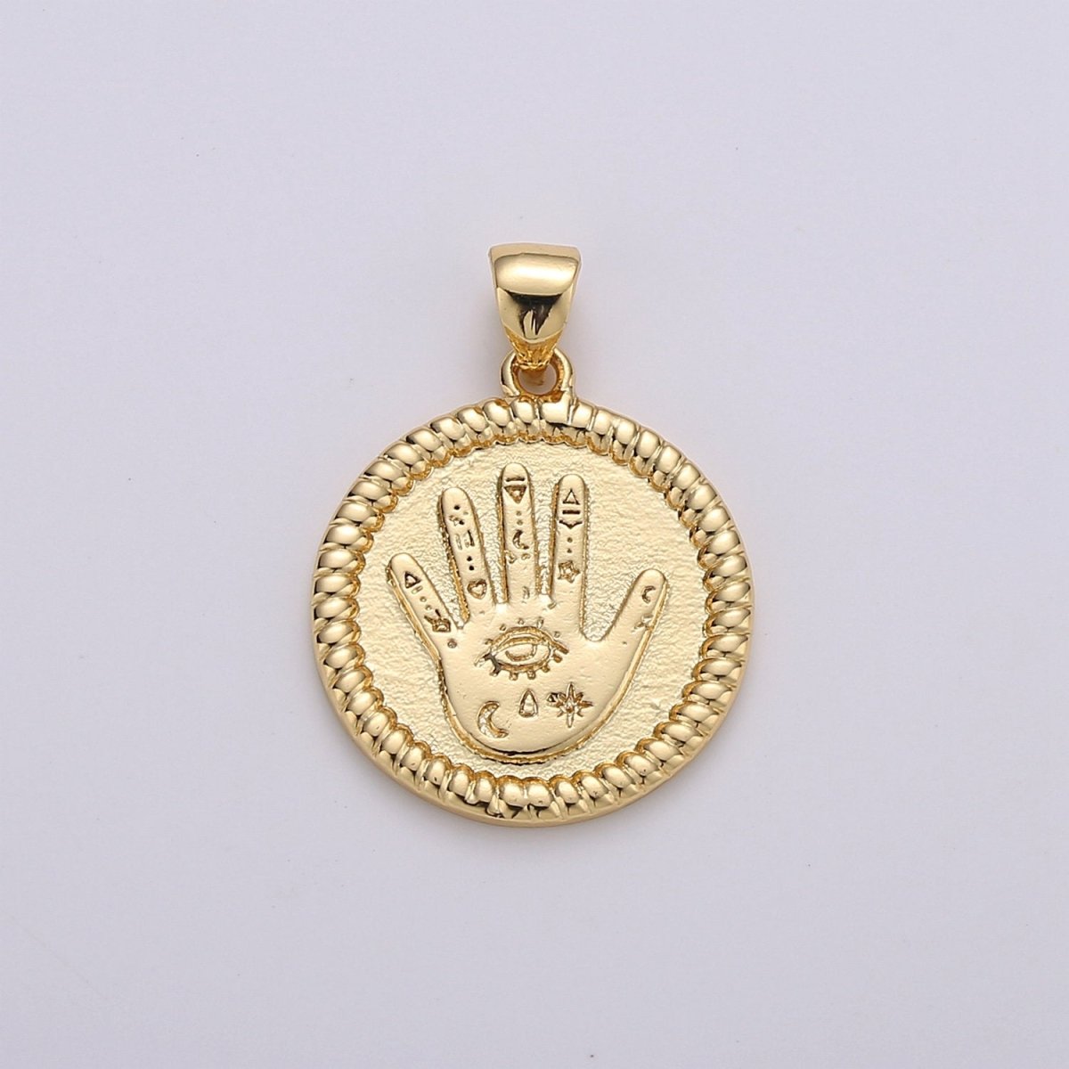 Gold Round Hamsa Hand Coin Medallion Pendant Charm - 14k Gold Filled Amulet Round Circle Pendant, Protection Evil Eye I-738