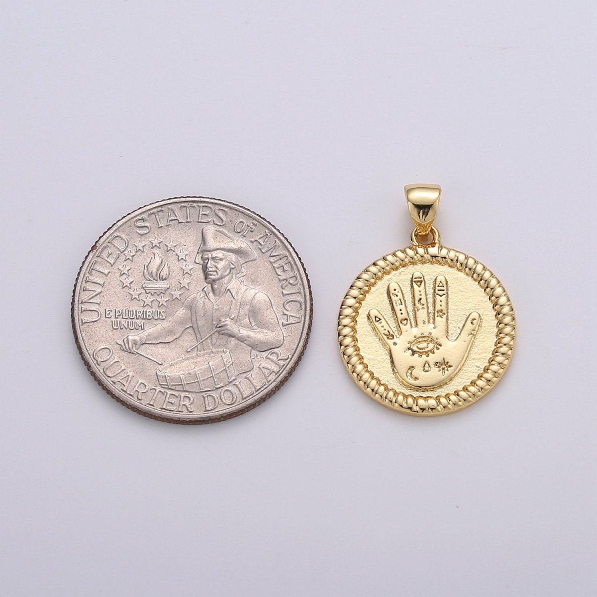 Gold Round Hamsa Hand Coin Medallion Pendant Charm - 14k Gold Filled Amulet Round Circle Pendant, Protection Evil Eye I-738