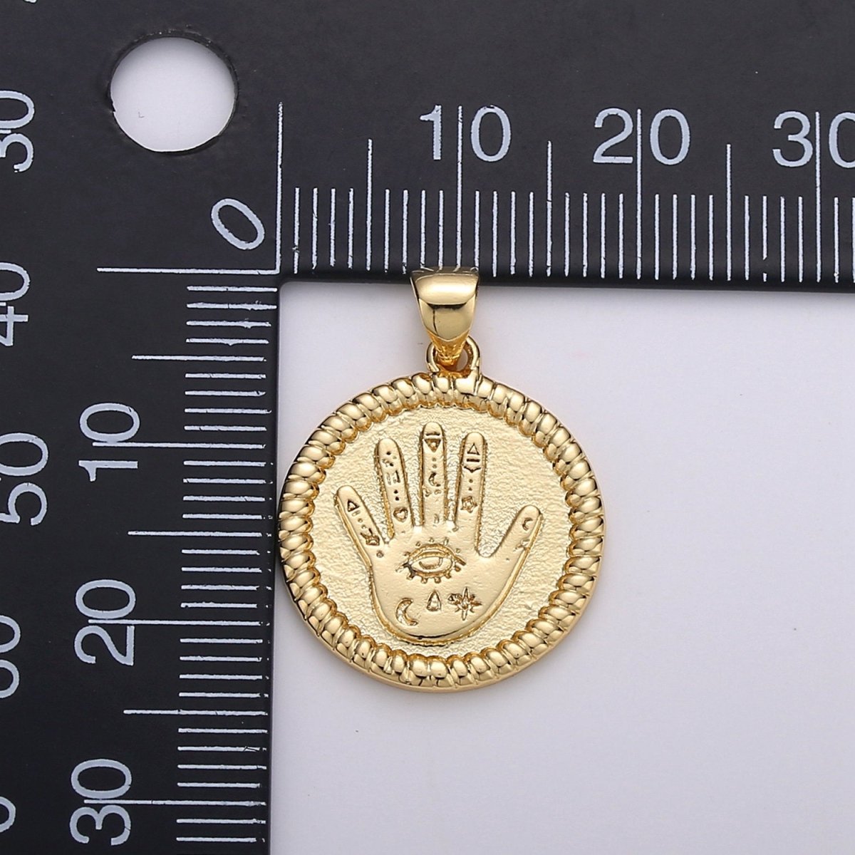 Gold Round Hamsa Hand Coin Medallion Pendant Charm - 14k Gold Filled Amulet Round Circle Pendant, Protection Evil Eye I-738