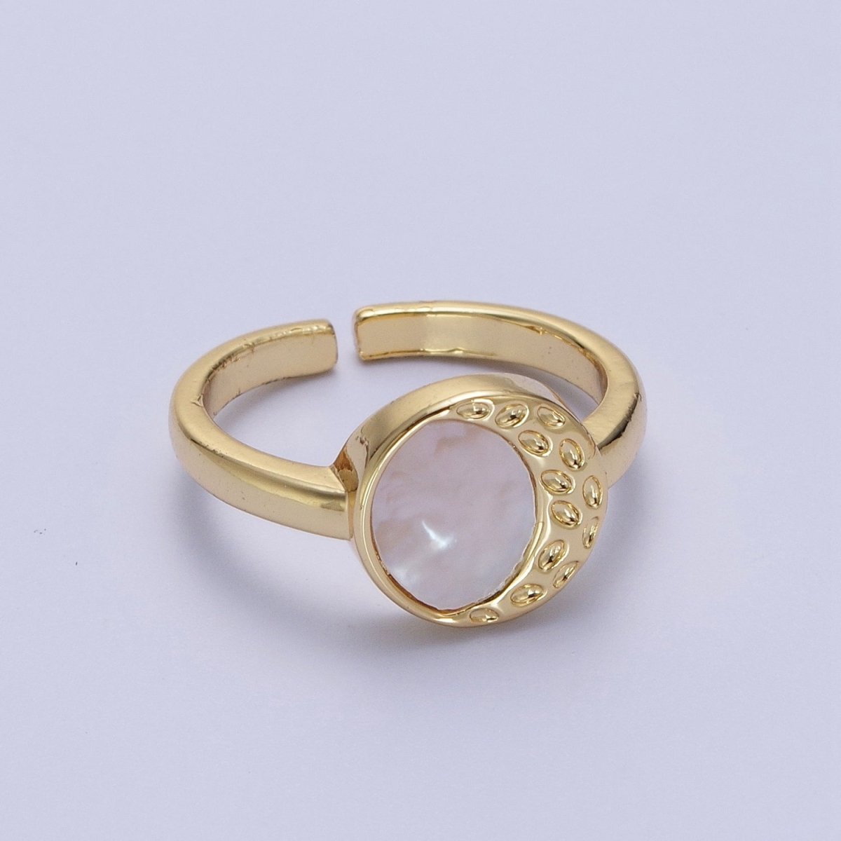 Gold Round Shell Pearl Crescent Textured Moon Adjustable Minimalist Ring | O-133