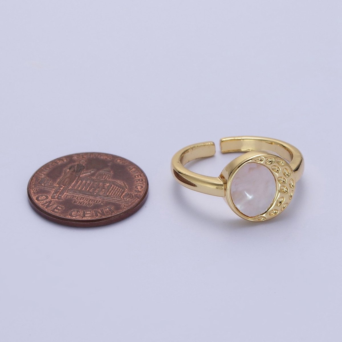 Gold Round Shell Pearl Crescent Textured Moon Adjustable Minimalist Ring | O-133