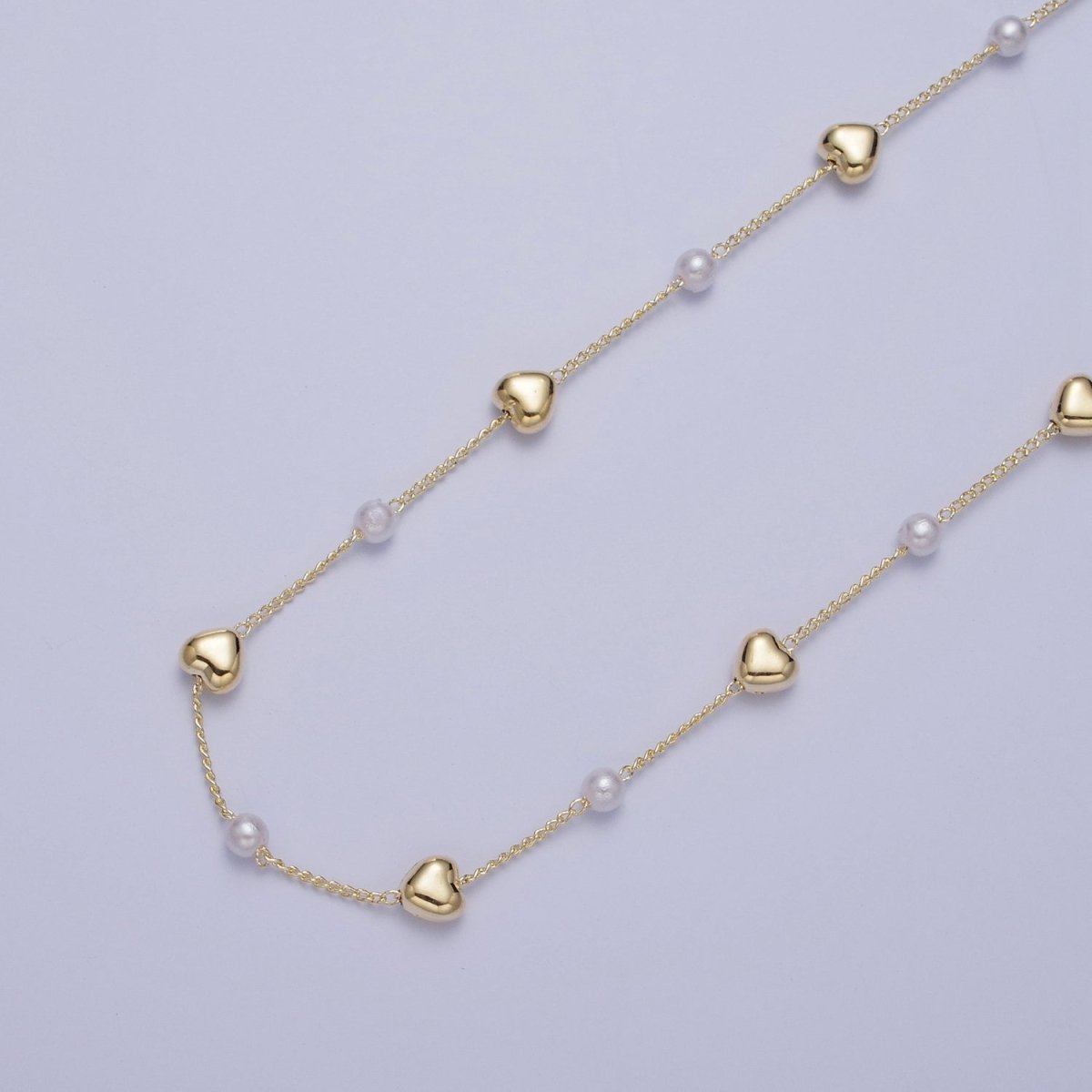 Gold Satellite Pearl & Heart Love Bead Chain Wholesale by Yard For DIY Jewelry Making Component | ROLL-830 Clearance Pricing