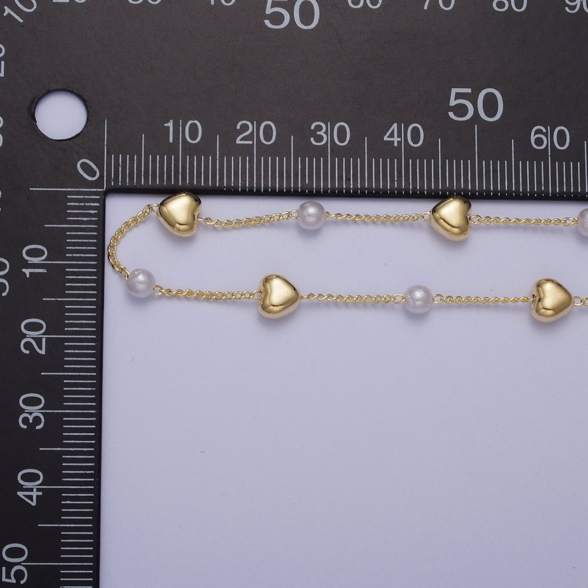 Gold Satellite Pearl & Heart Love Bead Chain Wholesale by Yard For DIY Jewelry Making Component | ROLL-830 Clearance Pricing