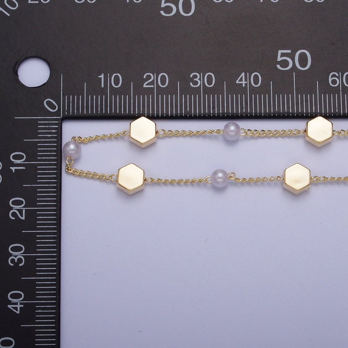 Gold Satellite Pearl & Hexagonal Bead Chain Wholesale by Yard For DIY Jewelry Making Component | ROLL-842 Clearance Pricing
