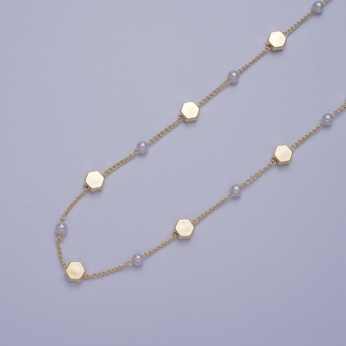 Gold Satellite Pearl & Hexagonal Bead Chain Wholesale by Yard For DIY Jewelry Making Component | ROLL-842 Clearance Pricing