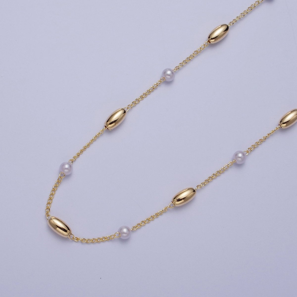 Gold Satellite Pearl & Long Oval Bead Chain Wholesale by Yard For DIY Jewelry Making Component | ROLL-831 Clearance Pricing