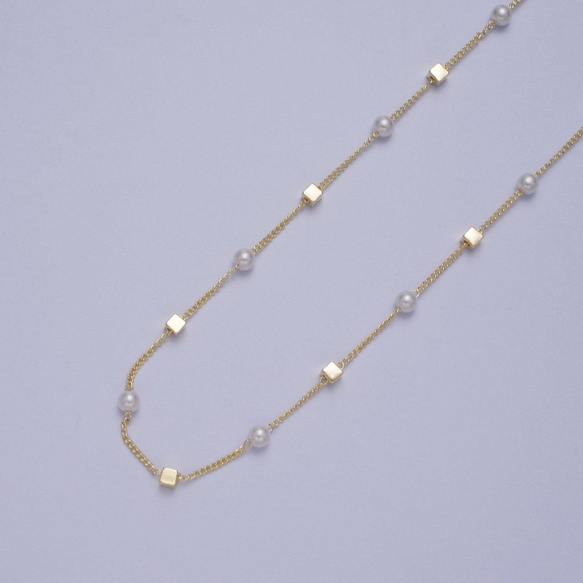 Gold Satellite Pearl & Square Box Bead Chain Wholesale by Yard For DIY Jewelry Making Component | ROLL-836 Clearance Pricing