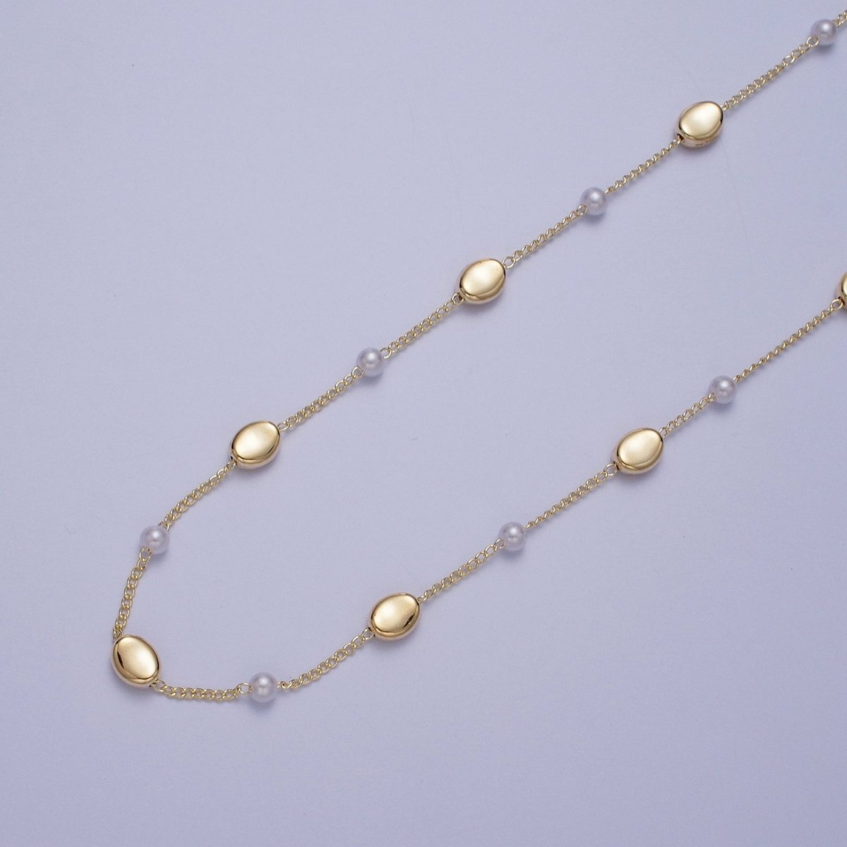Gold Satellite Pearl & Wide Oval Bead Chain Wholesale by Yard For DIY Jewelry Making Component | ROLL-835 Clearance Pricing