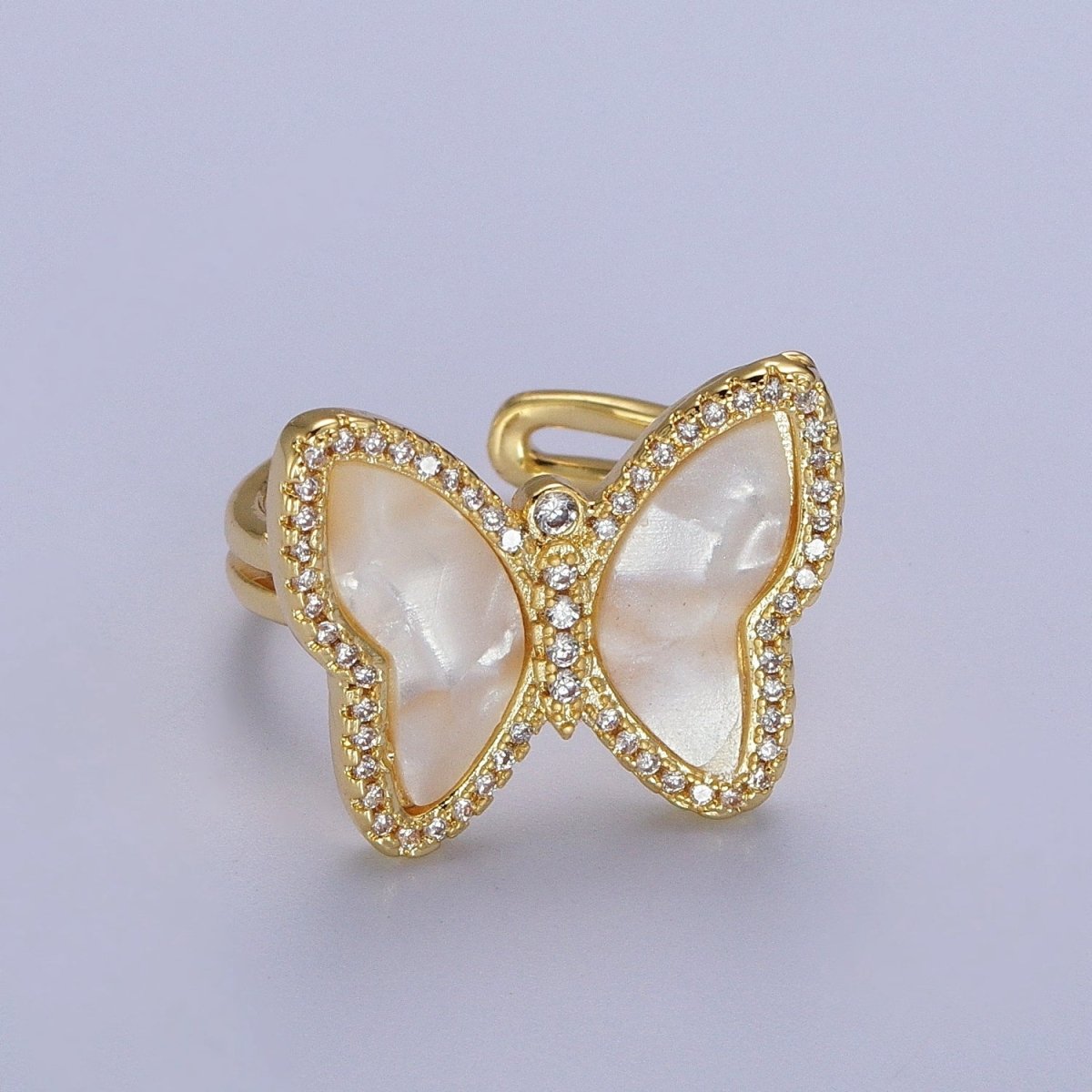 Gold Shell Pearl Butterfly Mariposa Micro Paved CZ Adjustable Double Band Ring | O-149
