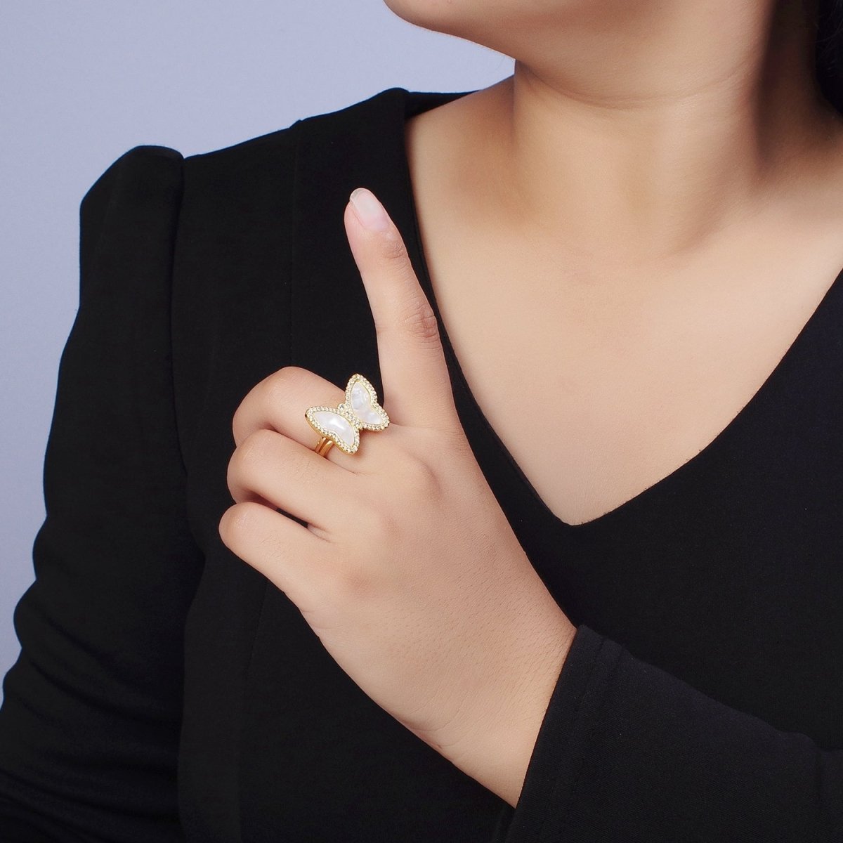Gold Shell Pearl Butterfly Mariposa Micro Paved CZ Adjustable Double Band Ring | O-149