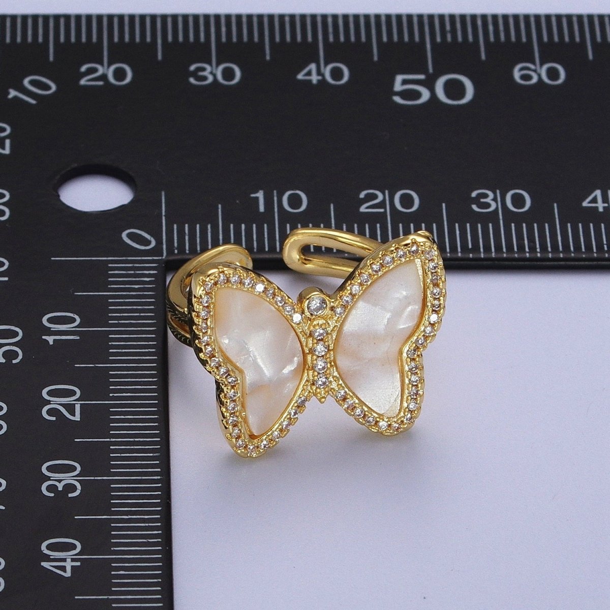 Gold Shell Pearl Butterfly Mariposa Micro Paved CZ Adjustable Double Band Ring | O-149