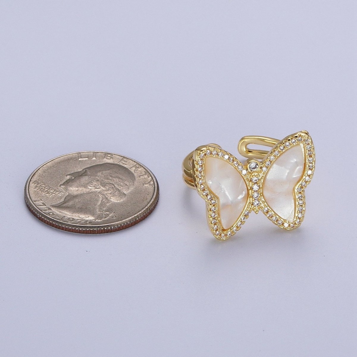 Gold Shell Pearl Butterfly Mariposa Micro Paved CZ Adjustable Double Band Ring | O-149