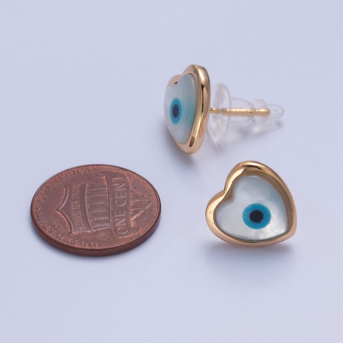 Gold Shell Pearl Heart Evil Eye Stud Earring T-464