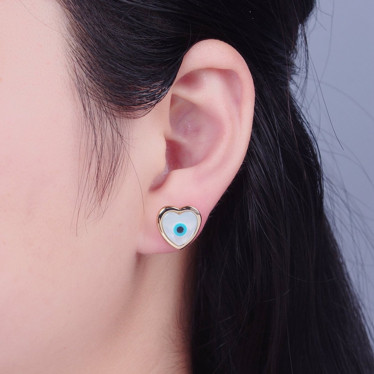 Gold Shell Pearl Heart Evil Eye Stud Earring T-464