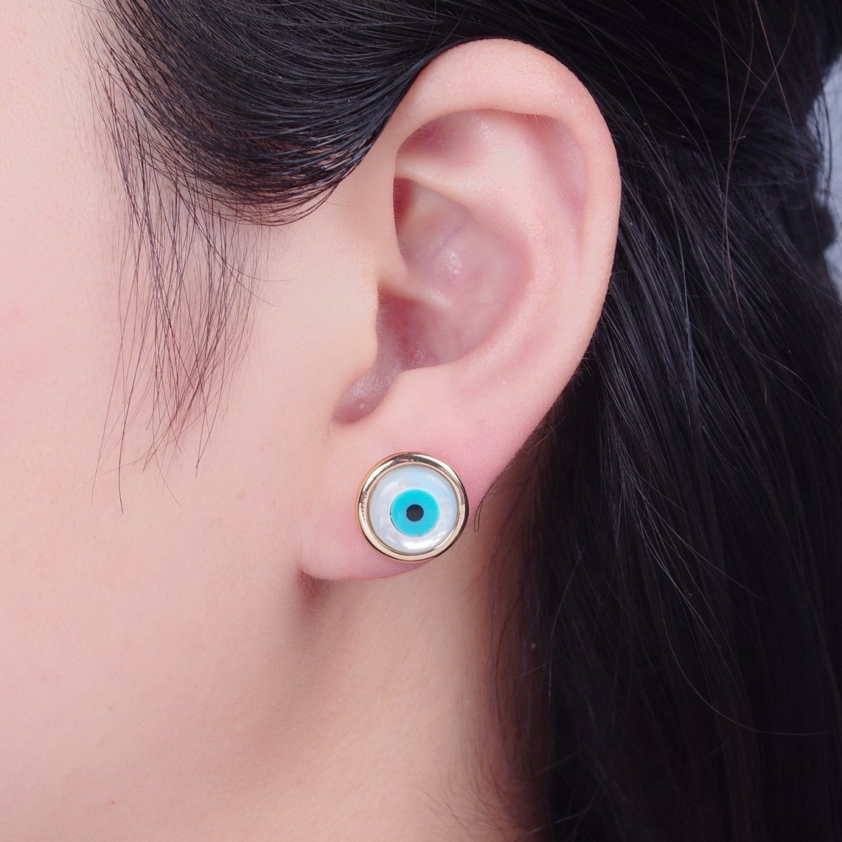 Gold Shell Pearl Round Evil Eye Stud Earring T-466