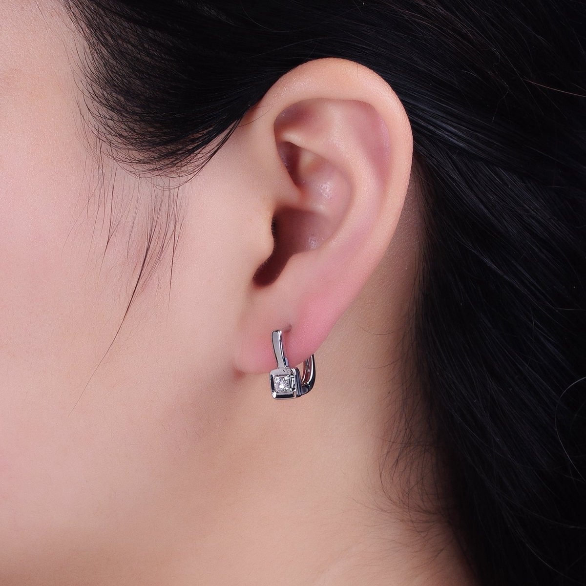 Gold, Silver 16mm U-Shaped Oblong Square CZ Geometric English Lock Earrings | AB778 AB1550