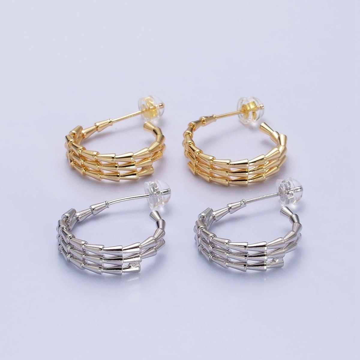 Gold, Silver 20mm Triangle Cone Multiple Band C-Shaped Hoop Earrings | AB469 AB740