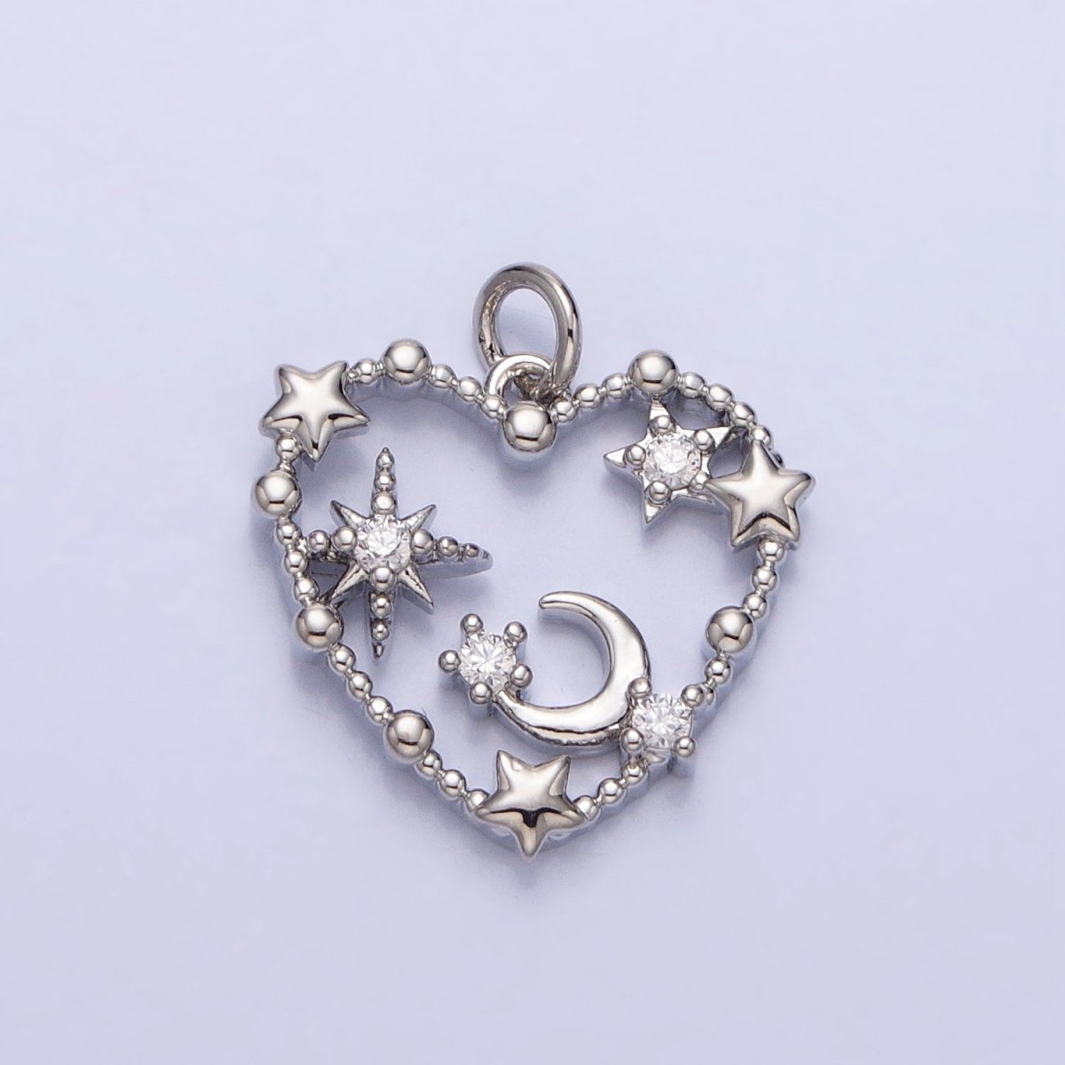 Gold, Silver Beaded Celestial Crescent Moon Stars CZ Open Heart Charm | AC743