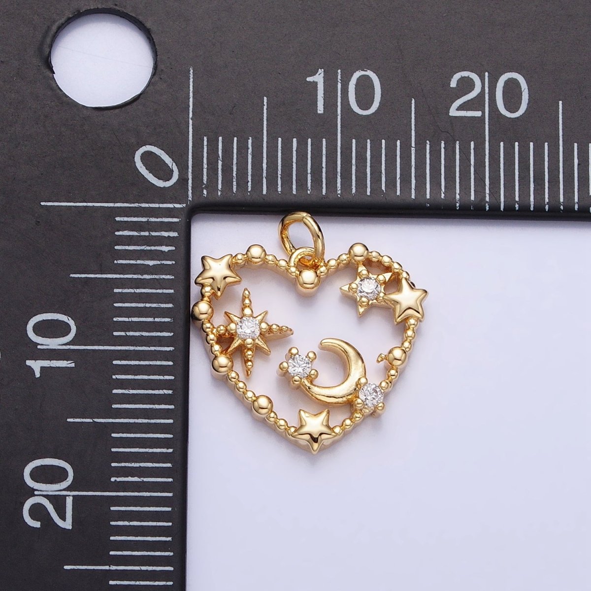 Gold, Silver Beaded Celestial Crescent Moon Stars CZ Open Heart Charm | AC743
