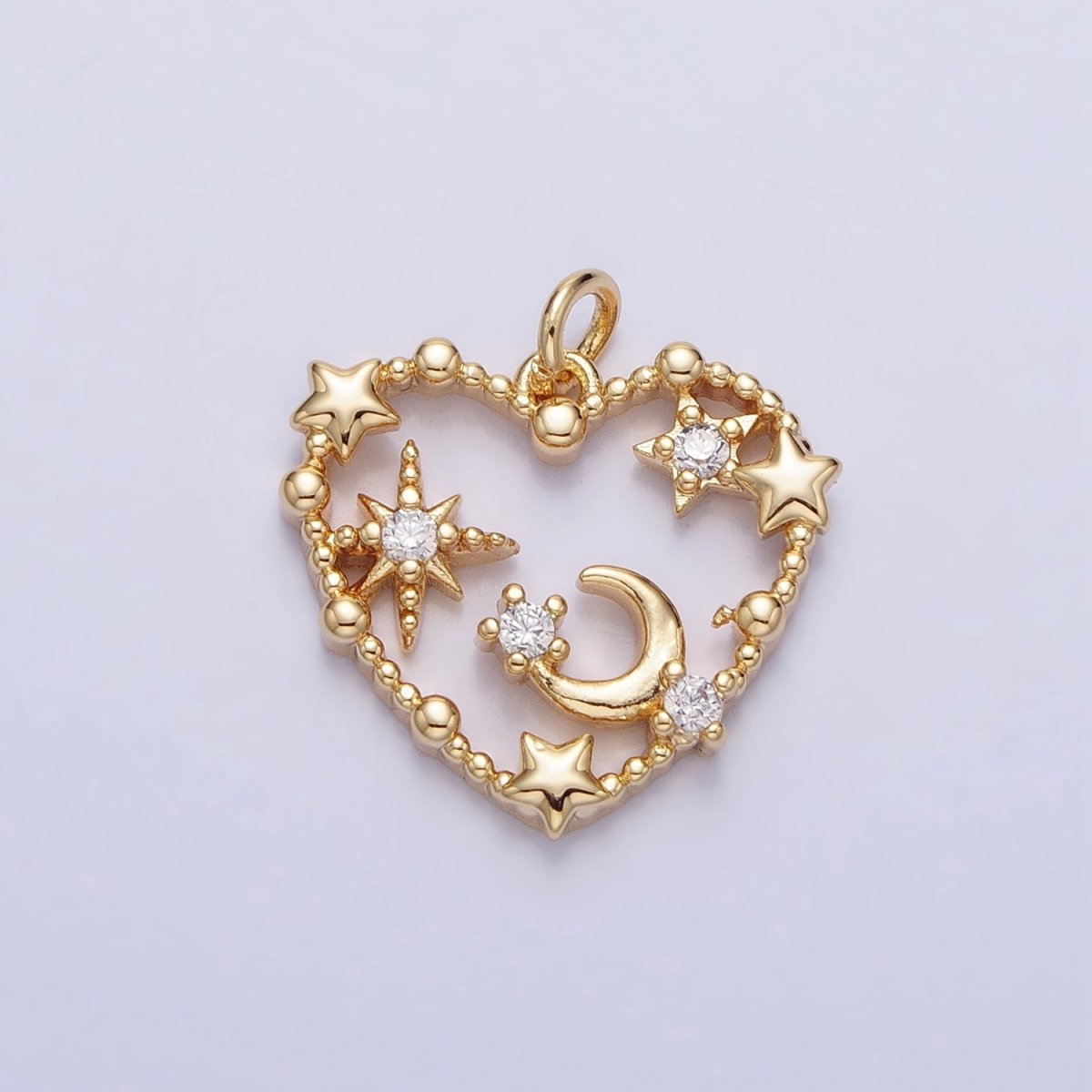 Gold, Silver Beaded Celestial Crescent Moon Stars CZ Open Heart Charm | AC743