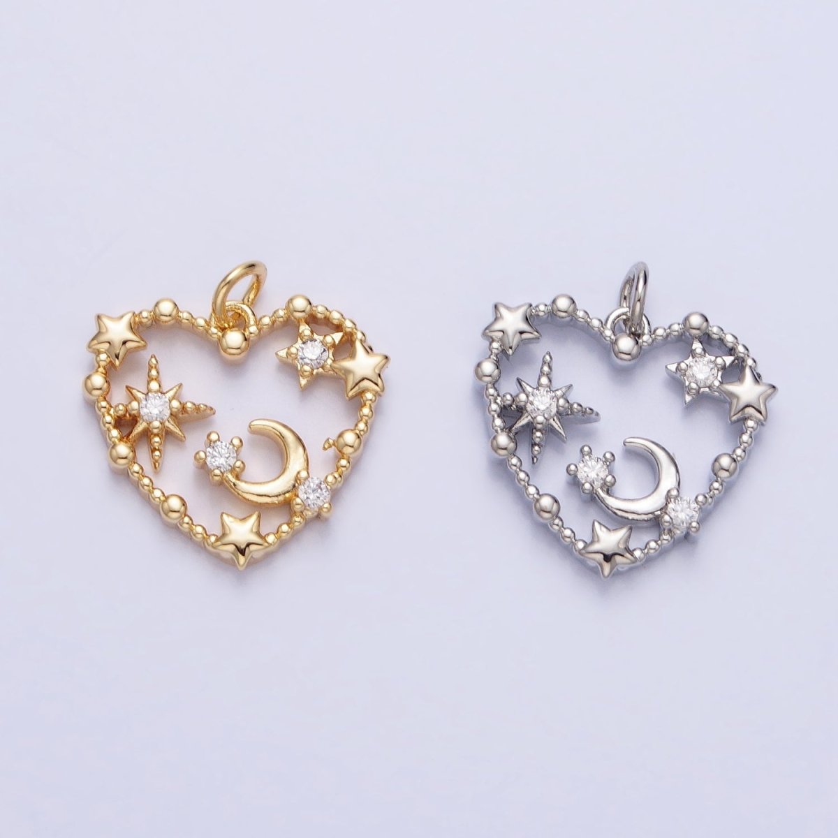 Gold, Silver Beaded Celestial Crescent Moon Stars CZ Open Heart Charm | AC743