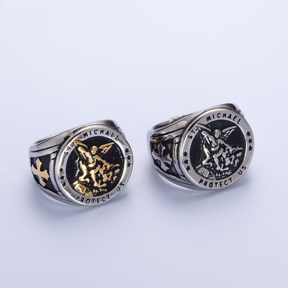 Gold, Silver, Bronze, Mixed Metal Stainless Steel Saint St. Michael Protection Signet Ring