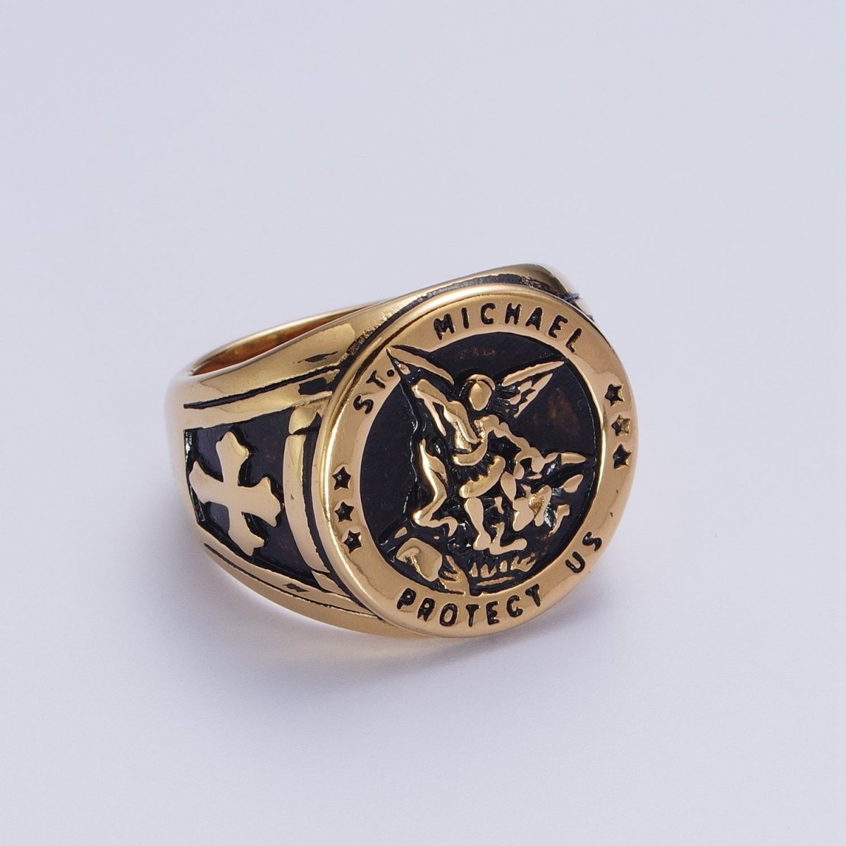 Gold, Silver, Bronze, Mixed Metal Stainless Steel Saint St. Michael Protection Signet Ring