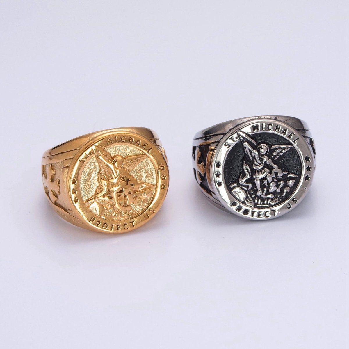 Gold, Silver, Bronze, Mixed Metal Stainless Steel Saint St. Michael Protection Signet Ring