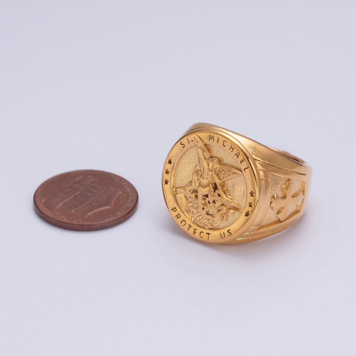 Gold, Silver, Bronze, Mixed Metal Stainless Steel Saint St. Michael Protection Signet Ring